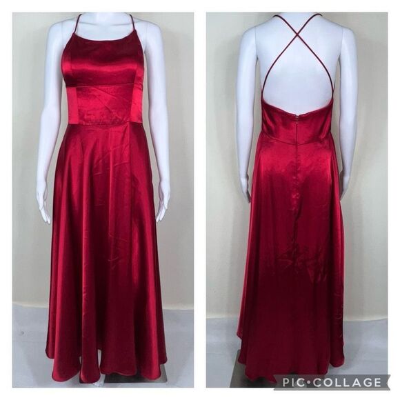 Betsy & Adam Criss Cross Back Spaghetti Strap Satin Gown - Picture 1 of 14